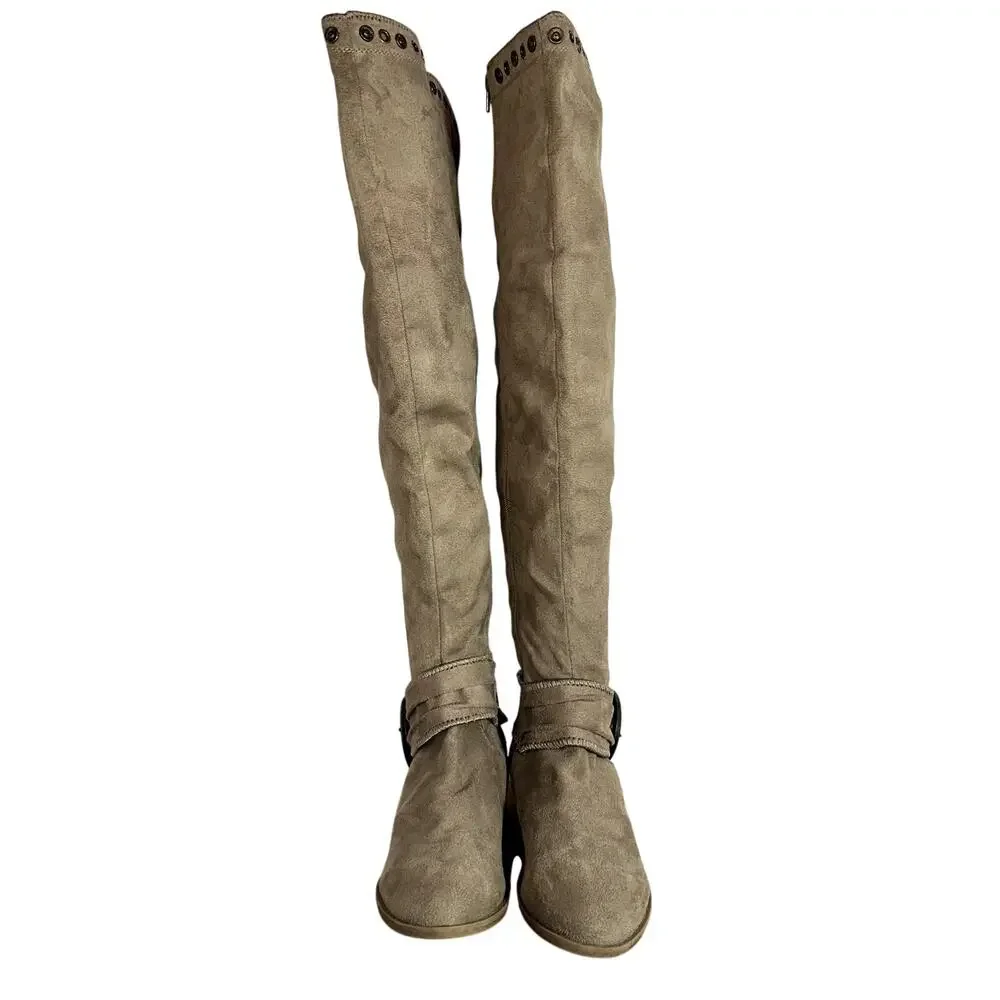 Tall Faux Suede Sock Boots Womens 7 Beige Buckle Strap Studded Grommet Grunge